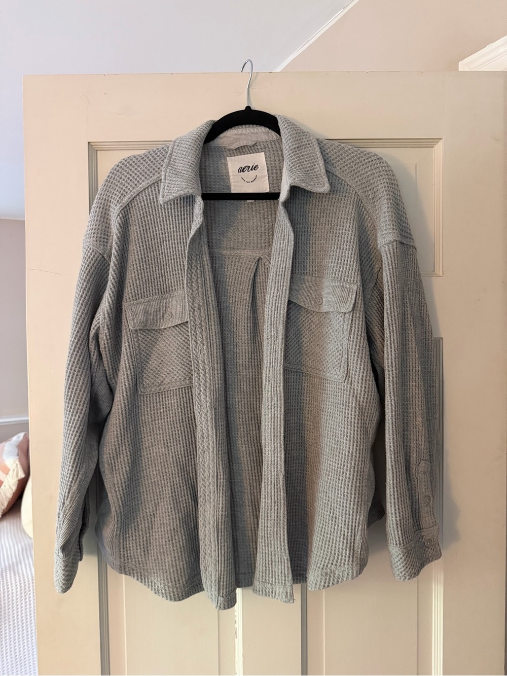 aerie Light Gray Waffle Knit Shacket Jacket